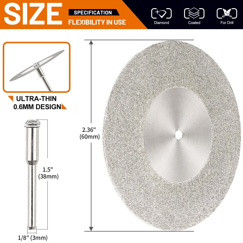 SI FANG 5Pcs 60mm Diamond Cutting Disc Cut Off Wheels with 5Pcs Mandrel 1/8'' Shank Stone Blade for Rotary Tool Drill Attachment Cutting Discs Polishing Glass Tiles Marble Plastic Jade (2.4in) - Image 2